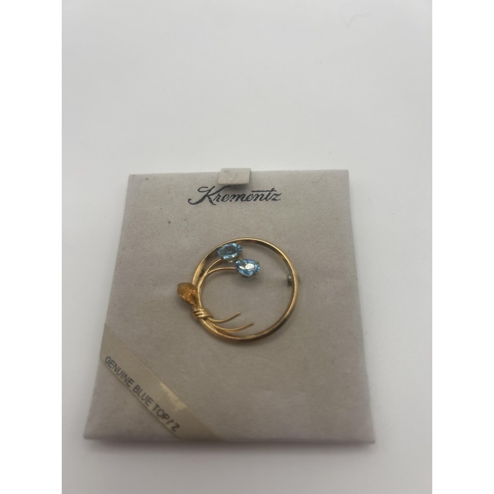 Vintage‎ Krementz Genuine Blue Topaz Circle Brooch Pin Gold Tone Carded 5438BT